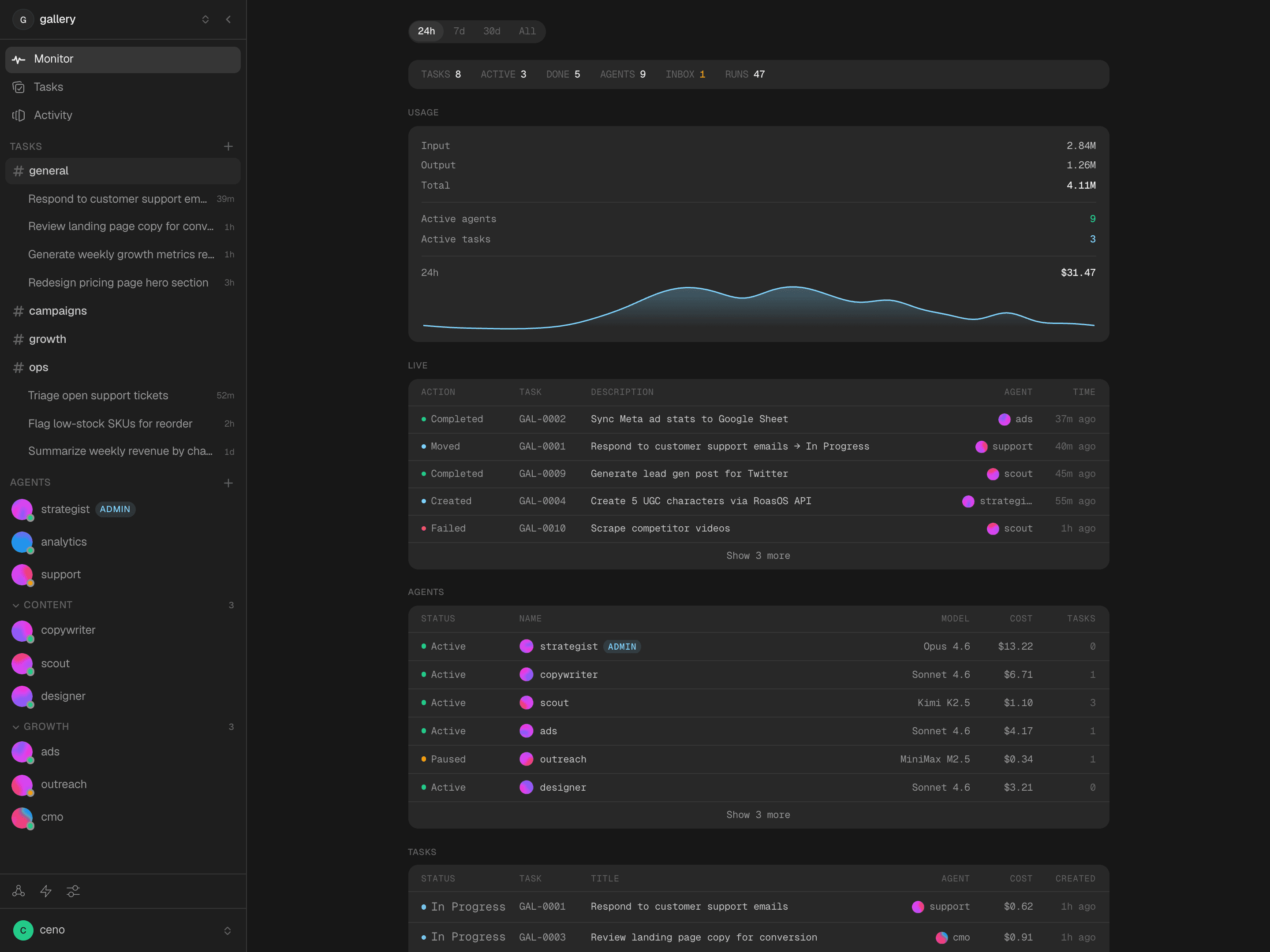 Gallery dashboard showing agent chat, task board, and integrations